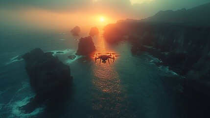 Wall Mural - Drone capturing a coastal patrol scene, with waves crashing against the rocky shore and a serene beach in the background.