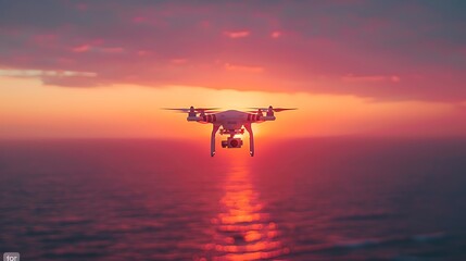 Wall Mural - Drone capturing a sunset scene, with propellers spinning and the sky filled with warm hues of orange and pink.