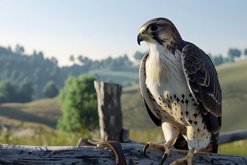 A large bird with a brown and white head and tail is perched on a wooden post