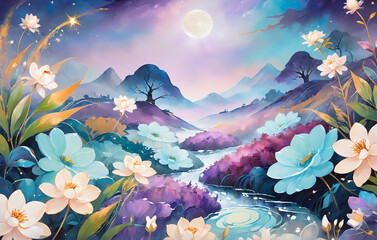 Wall Mural - landscape with flowers