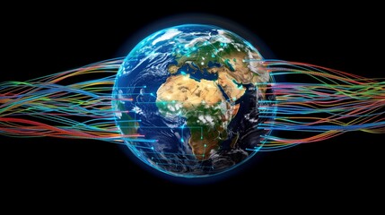 Poster - Digital connections circling the Earth with colorful lines on a black background. Concept of global network and internet connectivity.  Generative AI