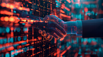 Digital representation of a handshake amidst a glowing data background. Concept of business cooperation in the future of digital economics.  Generative AI