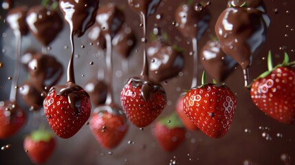 Wall Mural - A mesmerizing display of levitating chocolate-covered strawberries