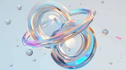 Poster - Abstract 3D glass rings with iridescent colors and bubbles on a light blue background with copy space text for design, technology, and art.