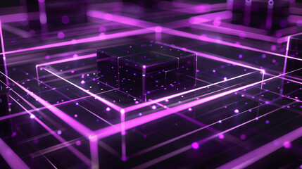 Poster - Abstract 3D digital background with black cube and purple neon lines with copy space text for technology, design, and future.