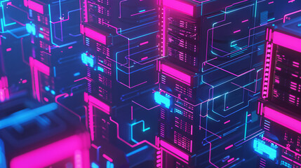 Poster - Abstract neon blue and pink glowing lines on a black background with copy space text for technology, design, and futuristic.