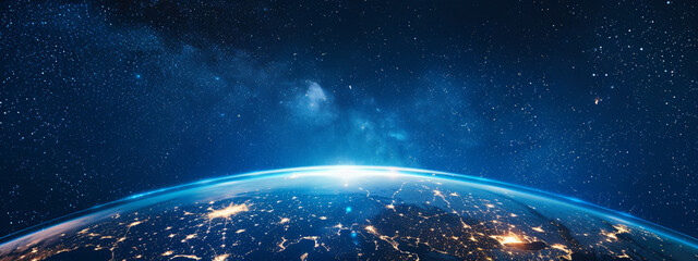Poster - Earth with city lights at night with copy space text for space, planet, and earth.