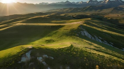 Wall Mural - AI generated illustration of Alpine Grassland Ridges in Wide Angle Lens