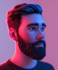 Wall Mural - Portrait of a man with a beard and short hair, with a pink and blue light on his face. AI.