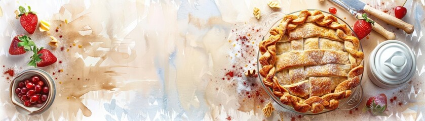 Home kitchen pie crust making background, watercolor, flat design, side view, copy space for text, complementary colors
