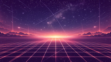 Poster - Retro futuristic landscape with grid and stars with copy space text for background, design, and technology.
