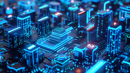 Poster - Abstract futuristic city on a circuit board with copy space text for background, design, and technology.