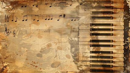 Wall Mural - Vintage grunge music sheet with piano keys and music notes with copy space text for music, art, and design.