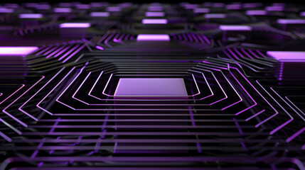 Poster - Abstract geometric background with black and purple squares and lines with copy space text for technology, design, and science.
