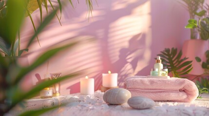 Sticker - A pink towel is on a table with two candles and a bottle of lotion. The candles are lit, creating a warm and relaxing atmosphere