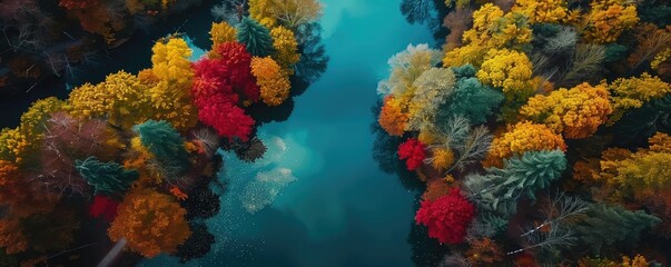 Wall Mural - Aerial view of vibrant autumn foliage surrounding a serene river, showcasing deep red, orange, yellow, and green hues in a picturesque landscape.