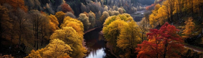 Wall Mural - A scenic autumn landscape featuring a river surrounded by vibrant fall foliage, showcasing yellow, red, and orange trees in a serene forest.