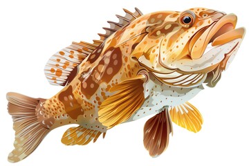 A grouper fish clipart, sea life element, detailed illustration, brown and tan, isolated on white background