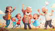 © Erika - abuelos emocionados y felices jugando al aire libre con sus nietos sobre el campo con flores amor y empatia entre la familia motivacion y alegria dia de los abuelos