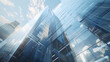 © SU CrossCutting Film - Modern glass skyscraper building exterior background. 3d render illustration