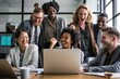 © Thanyaporn - A business team gathered around a laptop, smiling and celebrating as they see the results of a successful campaign. The laptop screen displays positive metrics and growth charts. The scene reflects