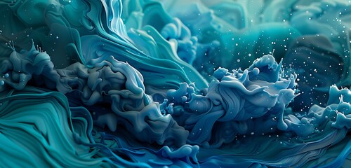 Wall Mural - Ocean-inspired 3D ink splashes in deep blue and teal forming abstract waves