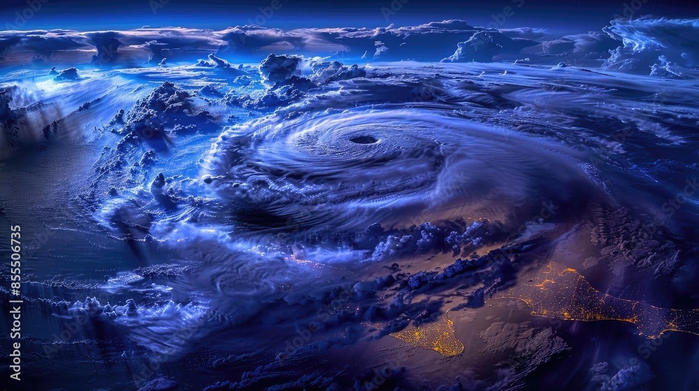 Dramatic and colorful satellite image of a powerful cyclone swirling ...