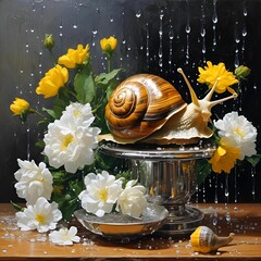 Canvas Print - AI generated illustration of a snail on a silver pedestal surrounded by yellow and white flowers