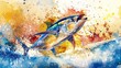 © Alpha - Dynamic tuna fish leaping over crashing waves, with splashes of vibrant colors, captured in an expressive watercolor style