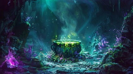 Enchanted cauldron with bubbling green and purple liquids, surrounded by glowing plants and mystical herbs in a dark, shadowy cave