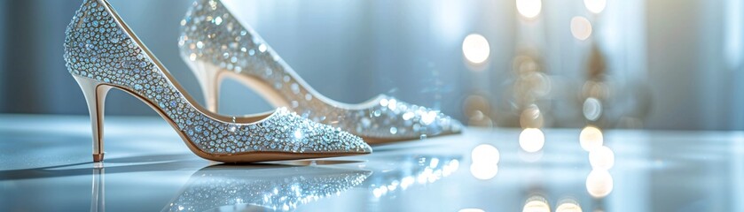 Poster - against a pure white background, a pair of high-heeled wedding shoes embellished with diamonds and t
