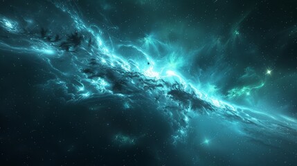 ethereal meteor turquoise creating a luminous path through a galaxy filled with stars and nebulae