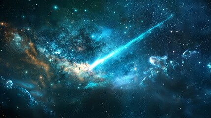 Wall Mural - Ethereal meteor turquoise creating a luminous path through a galaxy filled with stars and nebulae