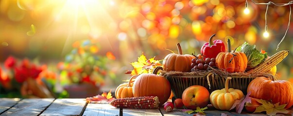 Autumn harvest display with pumpkins, gourds, and fruits in a sunny outdoor setting, evoking the essence of fall and Thanksgiving celebrations.