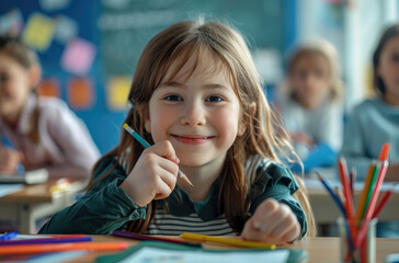 Wall Mural - A happy child sitting at her desk in an elementary school classroom, holding up her pen and paper to draw or write something on the whiteboard while smiling. 