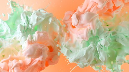 Wall Mural - Soft peach and mint green 3D ink splash creating gentle abstract art with smooth transitions