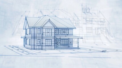 3D render of house blueprint illustrating architectural plans. Ideal for real estate, construction, and urban planning projects.