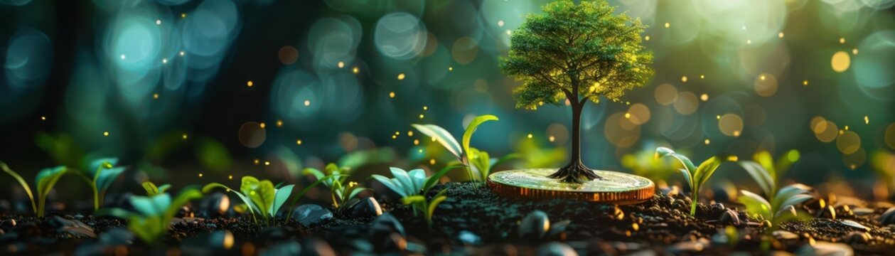 Tree sprouting from a coin, neon green and gold lighting, detailed futuristic 3D illustration