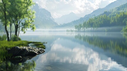 Poster - A serene lake with a mountain in the background. The water is calm and the sky is cloudy