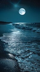 Poster - Moonlit Beach with Gentle Waves and Sparkling Sand   Calm and Romantic Coastal Landscape