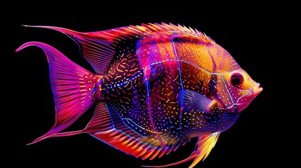 Radiant neon angelfish isolated on black, vivid and detailed, bright colors and intricate design