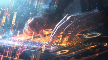 Wall Mural - Detailed shot of typing hands, enhanced by a radiant light glow, with binary code streams and dynamic stock graphs overlaying the image, creating a sense of technological advancement.