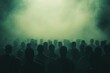 © Jeannaa - A large crowd of people standing together in a dense fog, creating a mysterious and atmospheric scene with silhouettes and green light.