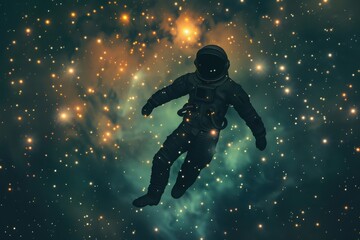 Wall Mural - A lone astronaut floating in the vast, starry expanse of space, surrounded by a cosmic nebula's glowing lights.