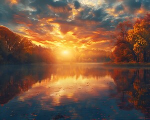 Sticker - Vibrant Autumn Sunset Over Serene Lake Reflects Fiery Sky and Foliage