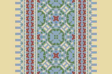  Pixel cross stitch traditional ethnic pattern paisley flower Ikat background abstract Aztec African Indonesian Indian seamless pattern for fabric print cloth dress carpet curtains and sarong