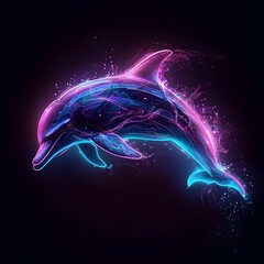 Wall Mural - Neon Dolphin Leaping through Vibrant Turquoise and Magenta Waves on Isolated Black Background