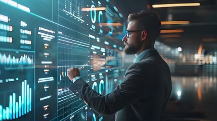 Poster - business executive reviewing digital project timeline in futuristic office environment