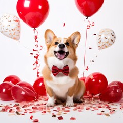 Happy Corgi in Red Bow Tie Celebrating with Balloons and Confetti on White Background