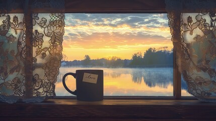 Poster - A morning scene featuring the silhouette of a coffee mug and a love note, set against a window with vintage lace curtains opening to a sunrise over a peaceful lake.